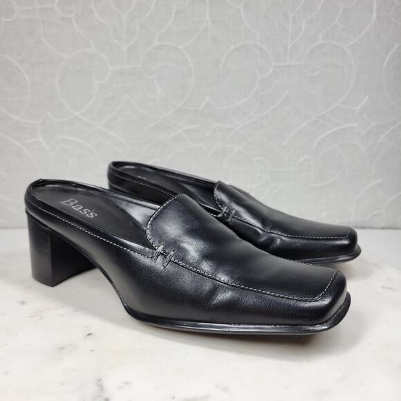 VTG Bass Artist Mules Womens 6 Black Leather Slip On Square Toe Block Heel 2003 - Picture 2 of 16